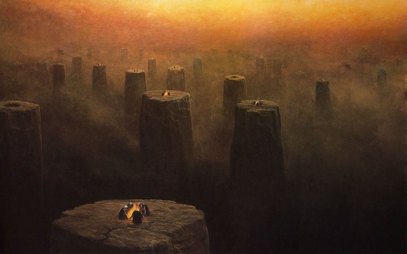 lifestyles, men, skyscraper, rear view, city, one person, sky, Zdzisław Beksiński, sunset, campfire, pillars, built structure, travel destinations, office building exterior
