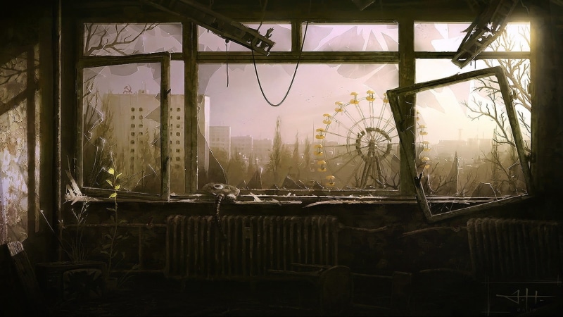 window, day, no people, artwork, Chernobyl, built structure, nature, sky, sun, sunset, damaged, abandoned, obsolete, Pripyat, ferris wheel, indoors