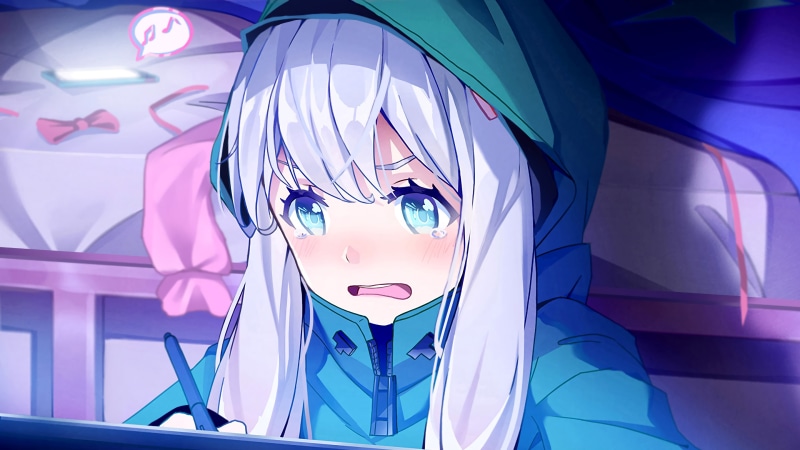 multi colored, illuminated, 4K, indoors, close-up, architecture, full frame, purple, day, white hair, low angle view, Izumi Sagiri, loli, anime, anime girls