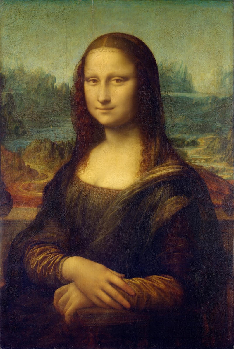 women, Leonardo da Vinci, Mona Lisa, human hair, long hair, one person, front view, textured effect, brown hair, beautiful people, contemplation, hairstyle