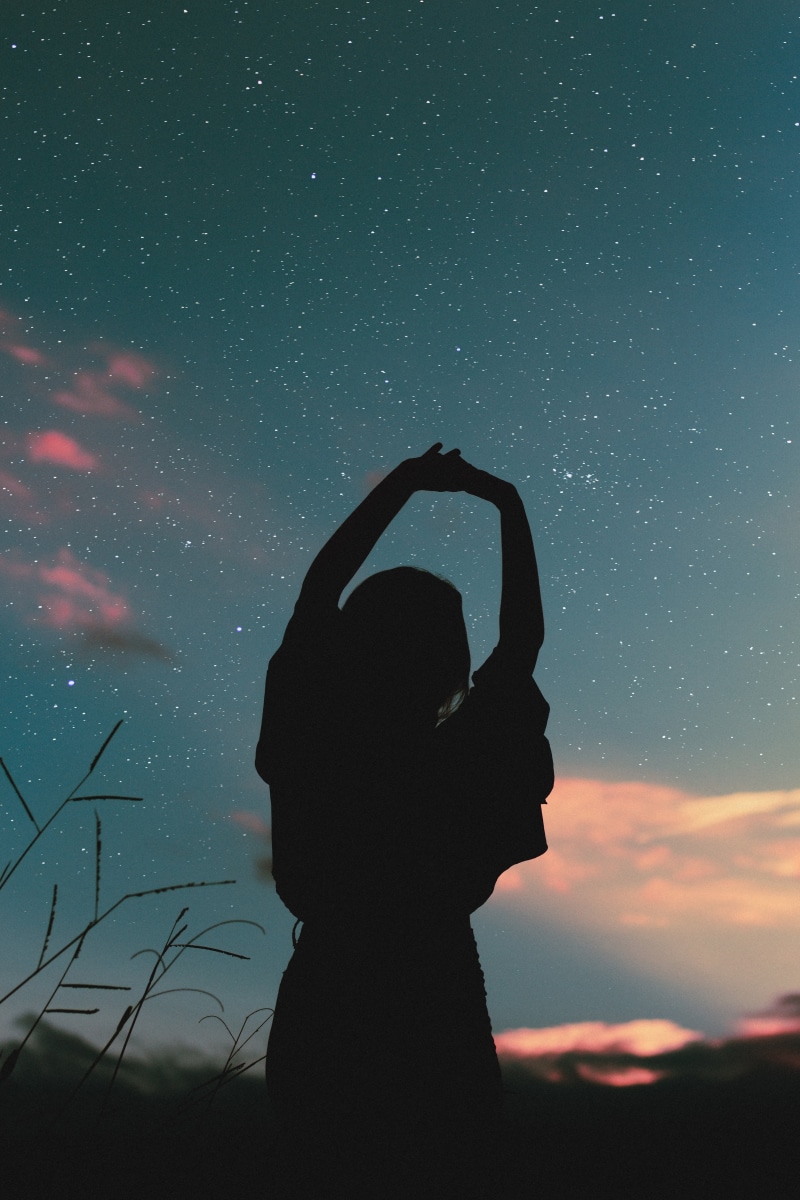 person, 4K, star - space, girl, starry sky, human hand, hand, space, astronomy, silhouette, technology, human arm, nature, human body part, night, one person