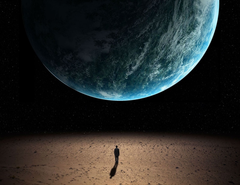 1080P, land, tranquil scene, men, one person, moon, real people, galaxy, sand, exploration, planet, scenics - nature, emotion, lonely, star - space, space