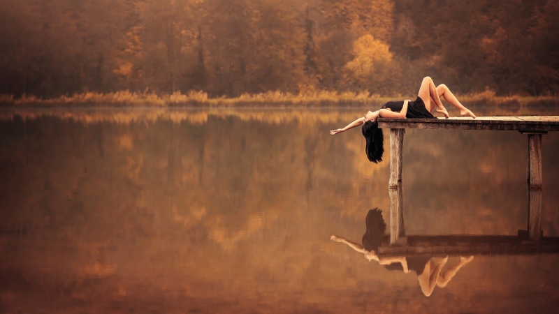 sitting, black dress, freedom, outdoors, enjoyment, s, real people, near, body, barefoot, one Person, leisure Activity, woman, tranquility, nature, lake