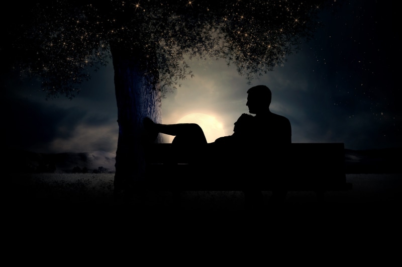 full length, bench, dark, solitude, man, leisure activity, back lit, 4K, people, sunset, nature, contemplation, couple, relaxation, sky, one person, sitting