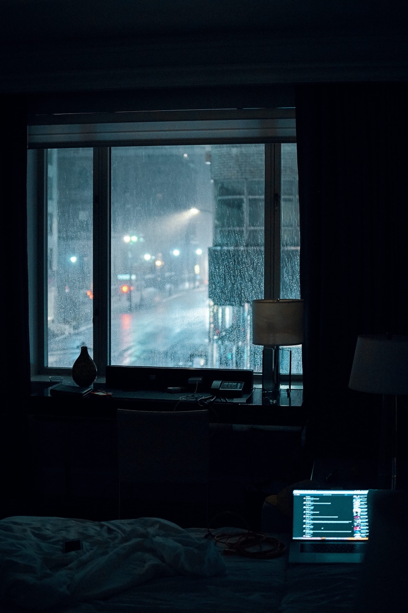 caucasian Ethnicity, computer, bedroom, laptop, working, inside, one Person, looking, turned, night light, newyork, window light, relaxation, window, dark