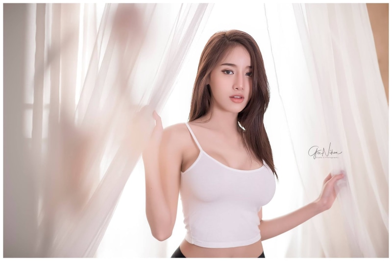 adult, waist up, hair, hairstyle, Thai, lifestyles, portrait, Asian, standing, brunette, beautiful woman, young women, 1080P, indoors, curtain, front view