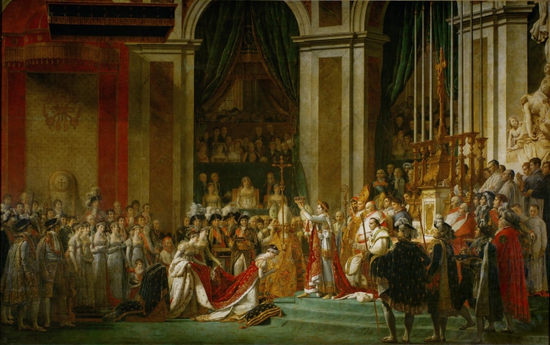 spirituality, history, framed, architectural column, art and craft, representation, mural, creativity, 5K, The Coronation of Napoleon and Josephine, building