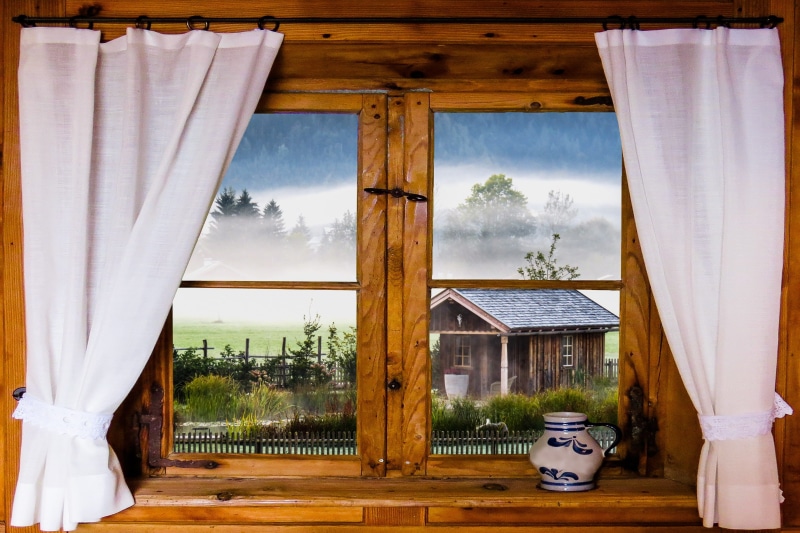 ceramic, building, open, window sill, jar, 2K, absence, no People, cottage, morning mist, landscape, relaxation, window, table, wooden, built structure