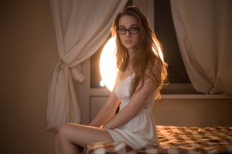 1080P, hair, young adult, curtain, open mouth, adult, in bed, furniture, fashion, eyeglasses, long hair, women, lifestyles, three quarter length, sitting