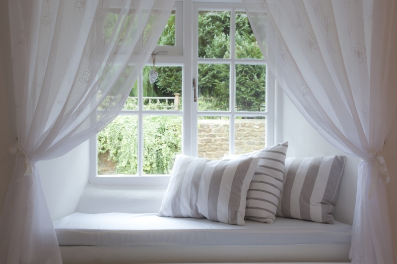 throw, gray, day, beside, plant, three, bedroom, cottage, Cushions, home, luxury, bed, nature, textile, sunlight, house, white color, no People, absence