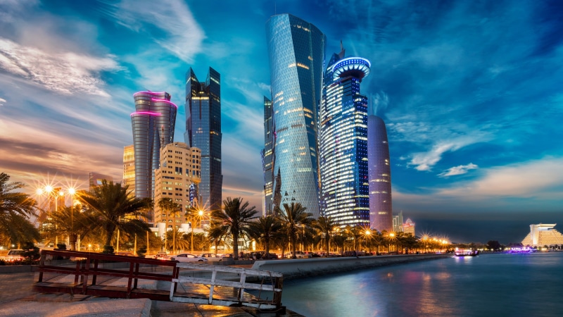 doha, landmark, skyline, evening, skyscrapers, 4K, qatar, metropolis, cityscape
