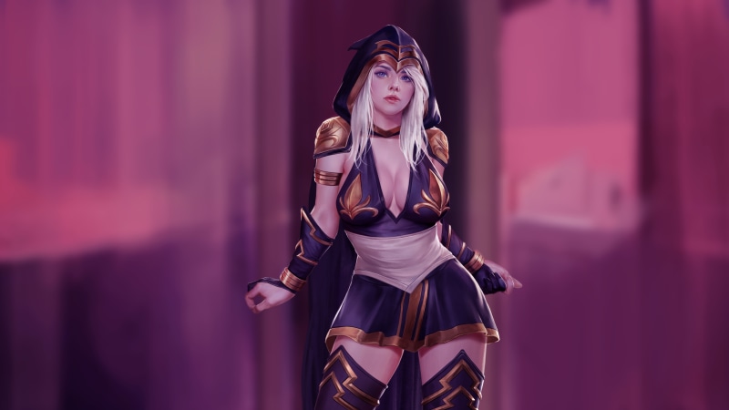 5K, white hair, dress, Ashe, video game characters, illustration, Firolian, cleavage, frontal view, bokeh, blue eyes, artwork, hoods, fan art, video games