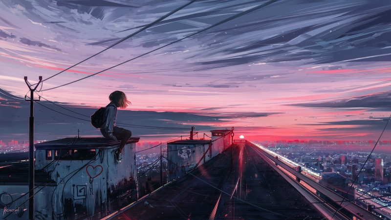 women, city, cityscape, moescape, digital art, sky, anime girls, urban, Aenami, artwork, landscape, 1080P