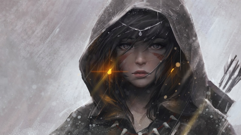 1080P, fantasy art, original characters, hoods, anime girls, GUWEIZ, digital art, bow and arrow, archer