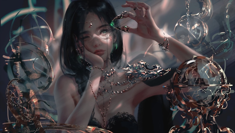 1080P, girl, fantasy, artwork, jewelry, digital art, fantasy art, princess, Ghost blade, green eyes, fantasy girl, Wlop, bare shoulders, monocle, brunette