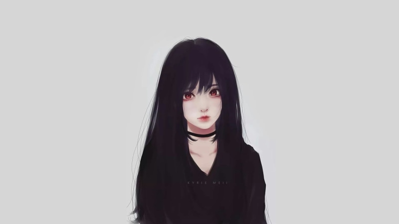 anime, women, young women, copy space, Kyrie Meii, portrait, indoors, black hair, teenager, casual clothing, front view, bangs, contemplation, 1080P, white background