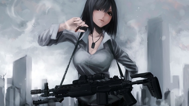 anime girls, waist up, adult, three quarter length, hair, anime, standing, lifestyles, technology, smoking, looking, young women, character, gun, arts culture and entertainment