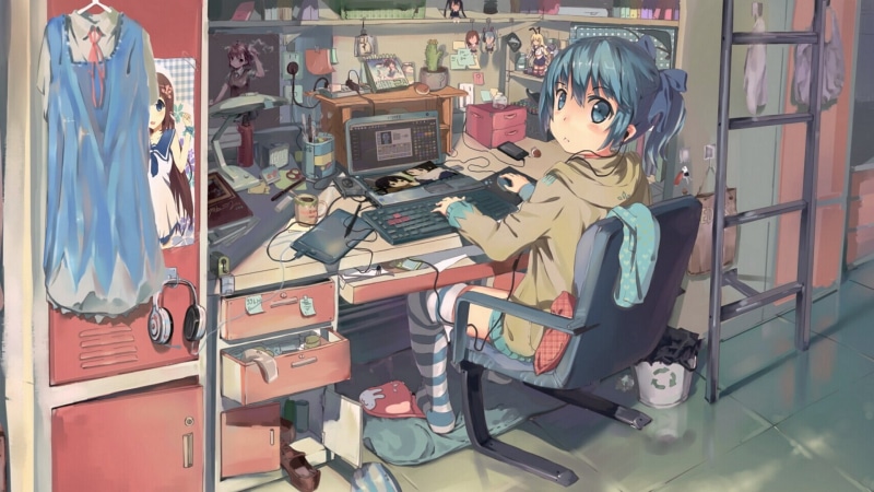 hair salon, anime girls, table, choice, innocence, digital, window, female likeness, toy, indoors, character, anime, for sale, no people, retail