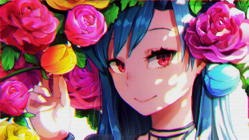 pink color, flower head, character, clothing, plant, red eyes, backgrounds, floral pattern, blue hair, textile, multi colored, market, no people, 2K, fragility