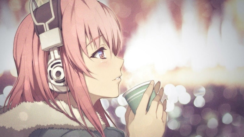 cup, drink, art and craft, headphones, elegance, Nitroplus, teenager, anime, pink hair, Super Sonico, sunlight, people, young Adult, teenage Girls, smiling