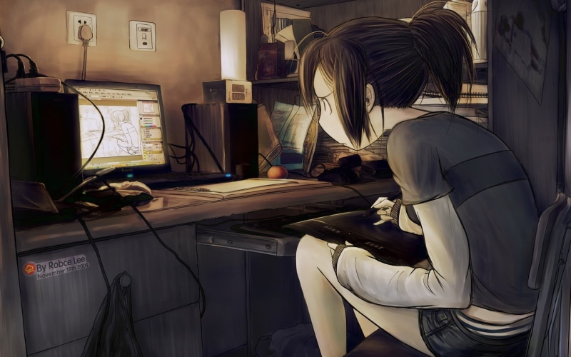 computer equipment, adult, computer monitor, hairstyle, table, side view, working, anime, communication, business, computer, artwork, digital art, female