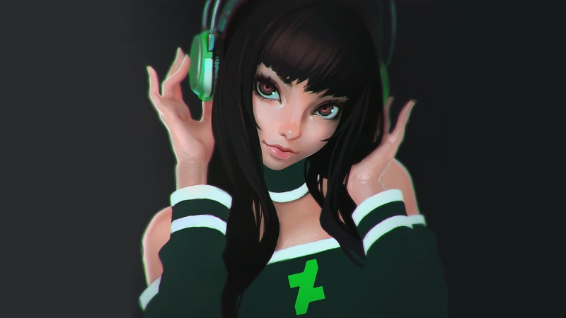 lifestyles, beautiful woman, waist up, beauty, hairstyle, headshot, child, artwork, green, character, 1080P, indoors, female, females, brunette, digital art