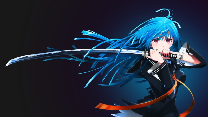 haired, female, Kisara Tendo , 1080P, blue hair, close-up, blue background, sword, illuminated, blue, multi colored, colored background, black background