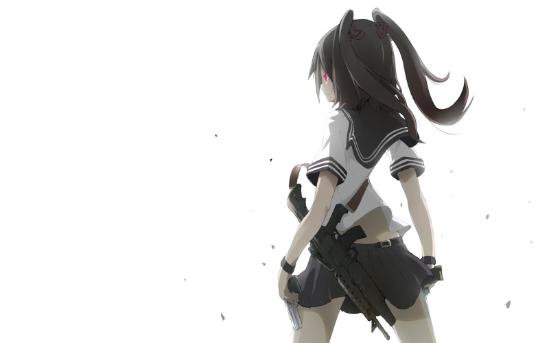 cut out, rifle, studio shot, day, still life, copy space, sky, white background, security, red eyes, white color, school uniform, creativity