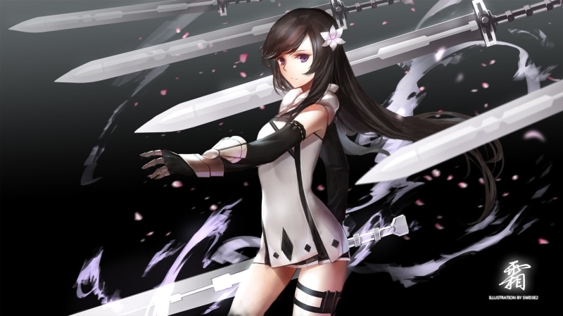 character, transportation, sword, standing, original characters, real people, long hair, fashion, silver colored, flower petals, females, black, three quarter length