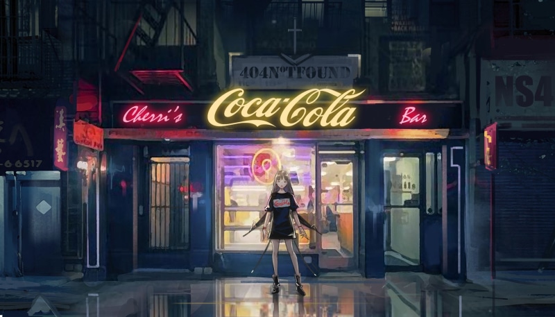standing, anime girls, women, 1080P, casual clothing, architecture, communication, neon, Coca-Cola, store, night, outdoors, illuminated, sign, character
