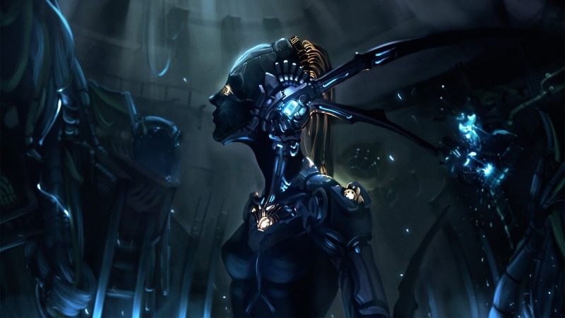 fantasy art, illuminated, technology, music, night, indoors, artwork, sculpture, male likeness, transportation, androids, mode of transportation, digital art