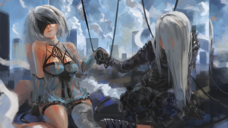 retail display, NieR, window, three quarter length, female, day, consumerism, retail, young adult, one person, young women, character, store, 2B (Nier: Automata)