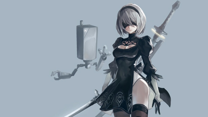 NieR, women, thigh-highs, Nier: Automata, 2B (Nier: Automata), 2B, thighs, katana, video games, white hair, 1080P, digital art, cleavage, artwork