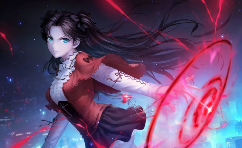 night, Tohsaka Rin, young adult, nightlife, people, girl, illustration, red, anime, human arm, women, real people, bonding, indoors, front view, two people