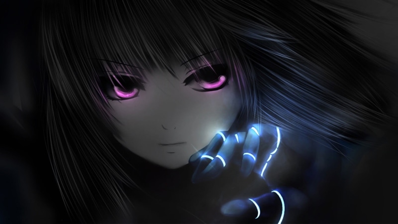 character, human face, anime, haired, indoors, body part, futuristic, dark, black background, hair, beautiful woman, illuminated, studio shot, blue, purple