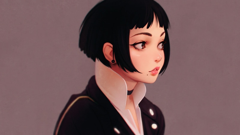 close-up, portrait, make-up, young women, indoors, anime, character, 1080P, digital art, haired, young adult, looking at camera, adult, black, one person