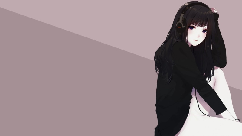 headphones, simple background, thighs, hairstyle, looking at camera, women, clothing, wall - building feature, studio shot, black, indoors, brunette