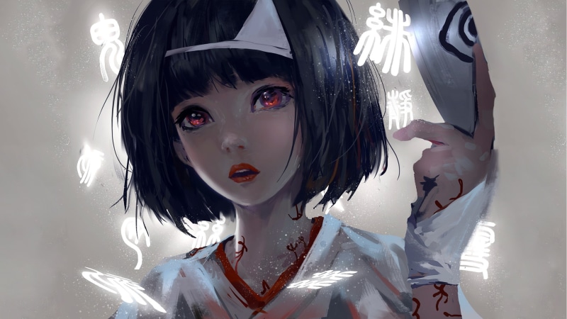 anime girls, fantasy girl, Asian, WLOP, Noragami, Nora, 1080P, black hair, looking at viewer, anime, women, short hair, artwork, Nora (Noragami), red eyes