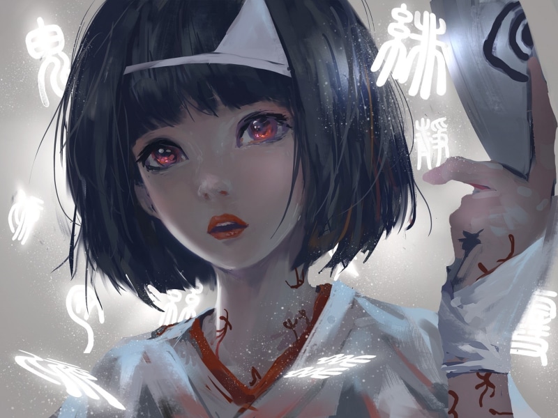 Noragami, short hair, Nora (Noragami), artwork, anime girls, women, anime, looking at viewer, Asian, black hair, red eyes, fantasy girl, Nora, 1080P, WLOP