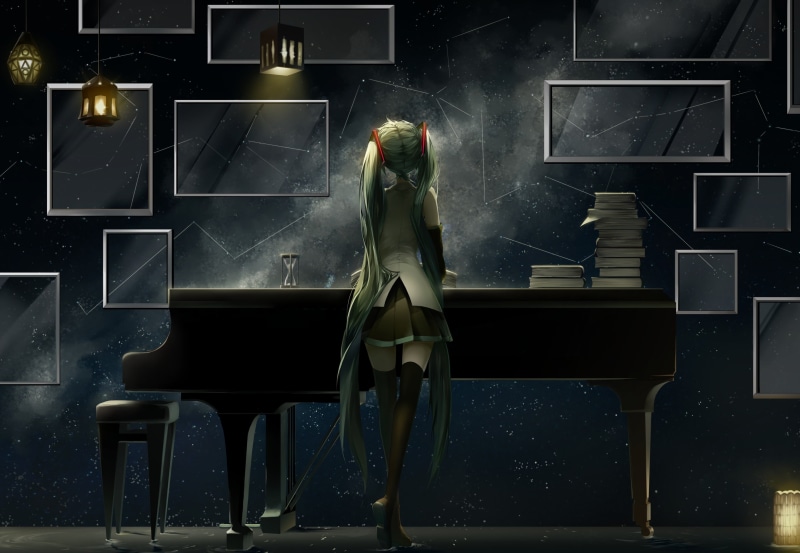 occupation, books, anime girls, one person, women, anime, stockings, human representation, real people, reflection, seat, aqua hair, digital composite
