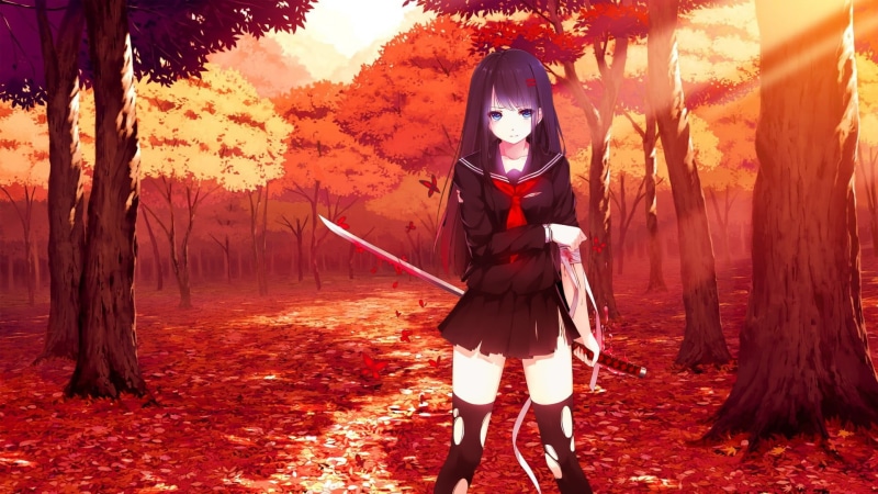 character, season, women, tree, leaf, change, long hair, wizard, katana, female, mystery, adult, plant, beauty, anime, purple, fashion, evil, sword, clothing