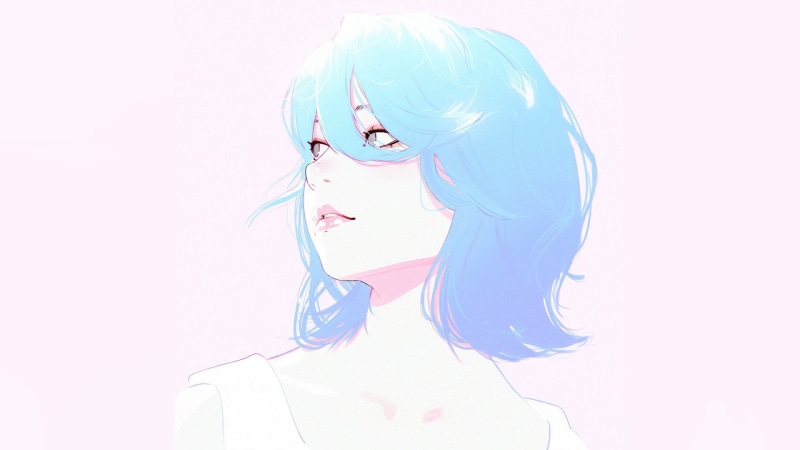 Ilya Kuvshinov, young women, beautiful woman, indoors, hairstyle, white background, top, copy space, human body part, blue, portrait, white