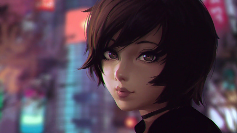 headshot, short, teenager, hair, Ilya Kuvshinov, women, black, beautiful people, night, 1080P, portrait, beautiful woman, looking at camera, character