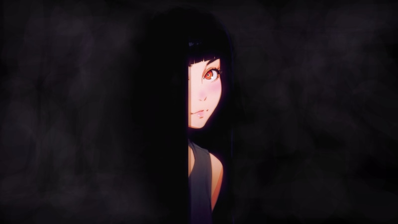 1080P, Ilya Kuvshinov, close-up, black background, original characters, technology, young adult, human body part, illuminated, anime girls, indoors, purple