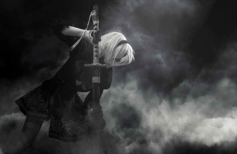 model, outdoors, spooky, NieR, 2B (Nier: Automata), sign, standing, cosplay, sky, cloud - sky, smoke - physical structure, adult, Nier: Automata, hat, activity
