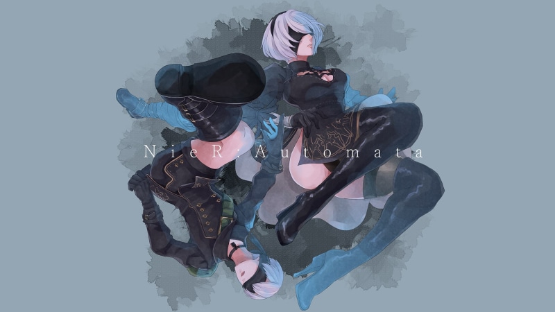 artwork, 2B, NieR, 1080P, 2B (Nier: Automata), video games, thighs, thigh-highs, digital art, 9S (Nier: Automata), cleavage, women, Nier: Automata, white
