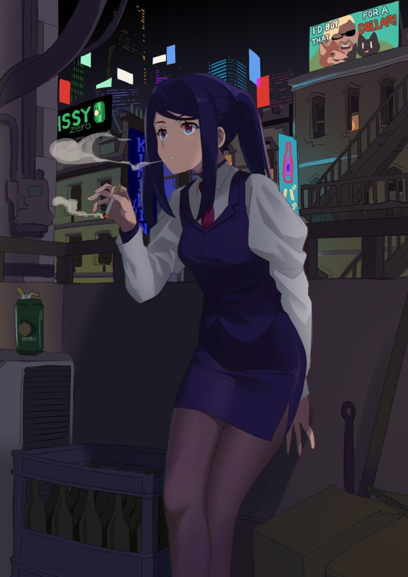 cigarettes, dress, 720P, artwork, purple eyes, vertical, city, VA-11 Hall-A: Cyberpunk Bartender Action, digital art, Julianne Stingray, portrait display