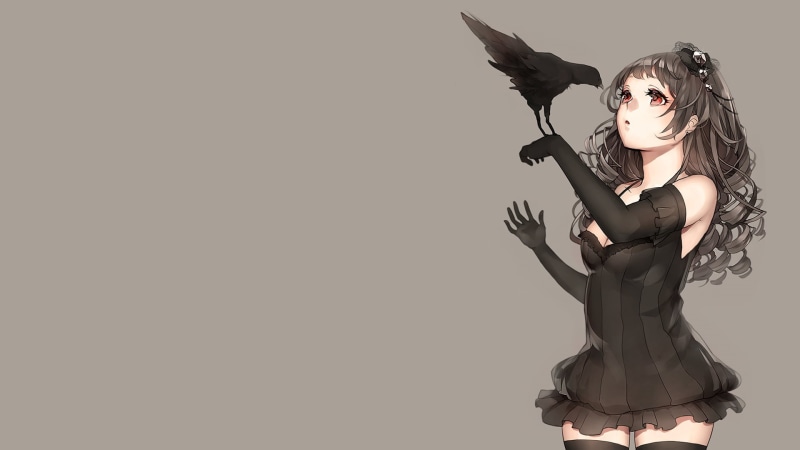 copy space, black, clothing, black color, crow, simple background, females, original characters, red eyes, 1080P, young adult, birds, adult, one person