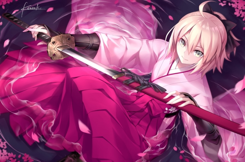 Fate/Grand Order, one animal, portrait, Sakura Saber, Fate Series, representation, 2K, katana, Okita Souji, domestic animals, looking at camera, anime girls