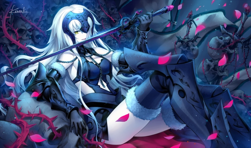 representation, large group of objects, low angle view, ribbon, sword, no people, animal representation, haired, anime, decoration, festival, white hair